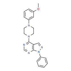 ChemSpider 2D Image | 4-[4-(3-Methoxyphenyl)-1-piperazinyl]-1-phenyl-1H-pyrazolo[3,4-d]pyrimidine | C22H22N6O
