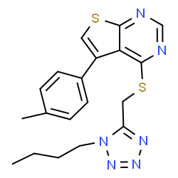 ChemSpider 2D Image | 4-{[(1-Butyl-1H-tetrazol-5-yl)methyl]sulfanyl}-5-(4-methylphenyl)thieno[2,3-d]pyrimidine | C19H20N6S2