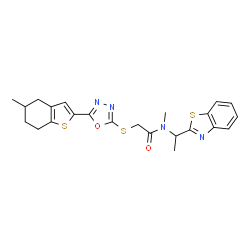 ChemSpider 2D Image | N-[1-(1,3-Benzothiazol-2-yl)ethyl]-N-methyl-2-{[5-(5-methyl-4,5,6,7-tetrahydro-1-benzothiophen-2-yl)-1,3,4-oxadiazol-2-yl]sulfanyl}acetamide | C23H24N4O2S3