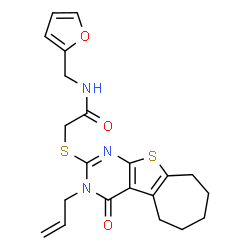 ChemSpider 2D Image | 2-[(3-Allyl-4-oxo-3,5,6,7,8,9-hexahydro-4H-cyclohepta[4,5]thieno[2,3-d]pyrimidin-2-yl)sulfanyl]-N-(2-furylmethyl)acetamide | C21H23N3O3S2