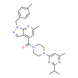 ChemSpider 2D Image | [4-(2-Isopropyl-6-methyl-4-pyrimidinyl)-1-piperazinyl][6-methyl-1-(4-methylbenzyl)-1H-pyrazolo[3,4-b]pyridin-4-yl]methanone | C28H33N7O