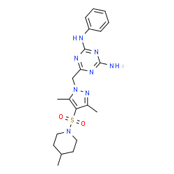 ChemSpider 2D Image | 6-({3,5-Dimethyl-4-[(4-methyl-1-piperidinyl)sulfonyl]-1H-pyrazol-1-yl}methyl)-N-phenyl-1,3,5-triazine-2,4-diamine | C21H28N8O2S