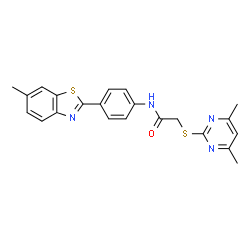 ChemSpider 2D Image | 2-[(4,6-Dimethyl-2-pyrimidinyl)sulfanyl]-N-[4-(6-methyl-1,3-benzothiazol-2-yl)phenyl]acetamide | C22H20N4OS2