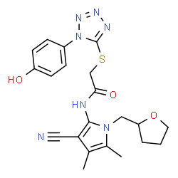 ChemSpider 2D Image | N-[3-Cyano-4,5-dimethyl-1-(tetrahydro-2-furanylmethyl)-1H-pyrrol-2-yl]-2-{[1-(4-hydroxyphenyl)-1H-tetrazol-5-yl]sulfanyl}acetamide | C21H23N7O3S