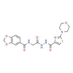 ChemSpider 2D Image | N-[2-(2-{[2-(4-Morpholinyl)-1,3-thiazol-4-yl]carbonyl}hydrazino)-2-oxoethyl]-1,3-benzodioxole-5-carboxamide | C18H19N5O6S