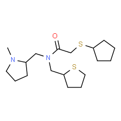ChemSpider 2D Image | 2-(Cyclopentylsulfanyl)-N-[(1-methyl-2-pyrrolidinyl)methyl]-N-(tetrahydro-2-thiophenylmethyl)acetamide | C18H32N2OS2