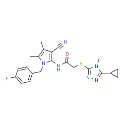 ChemSpider 2D Image | N-[3-Cyano-1-(4-fluorobenzyl)-4,5-dimethyl-1H-pyrrol-2-yl]-2-[(5-cyclopropyl-4-methyl-4H-1,2,4-triazol-3-yl)sulfanyl]acetamide | C22H23FN6OS