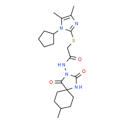 ChemSpider 2D Image | 2-[(1-Cyclopentyl-4,5-dimethyl-1H-imidazol-2-yl)sulfanyl]-N-(8-methyl-2,4-dioxo-1,3-diazaspiro[4.5]dec-3-yl)acetamide | C21H31N5O3S