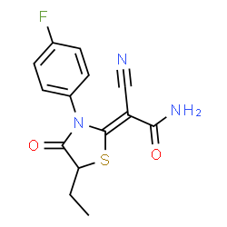 ChemSpider 2D Image | (2Z)-2-Cyano-2-[5-ethyl-3-(4-fluorophenyl)-4-oxo-1,3-thiazolidin-2-ylidene]acetamide | C14H12FN3O2S
