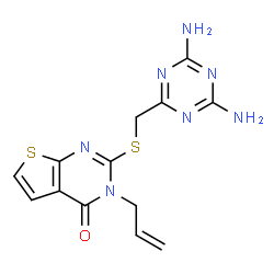 ChemSpider 2D Image | 3-Allyl-2-{[(4,6-diamino-1,3,5-triazin-2-yl)methyl]sulfanyl}thieno[2,3-d]pyrimidin-4(3H)-one | C13H13N7OS2