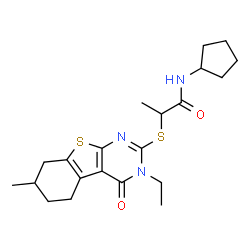 ChemSpider 2D Image | N-Cyclopentyl-2-[(3-ethyl-7-methyl-4-oxo-3,4,5,6,7,8-hexahydro[1]benzothieno[2,3-d]pyrimidin-2-yl)sulfanyl]propanamide | C21H29N3O2S2