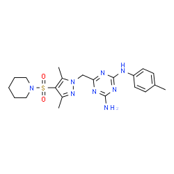 ChemSpider 2D Image | 6-{[3,5-Dimethyl-4-(1-piperidinylsulfonyl)-1H-pyrazol-1-yl]methyl}-N-(4-methylphenyl)-1,3,5-triazine-2,4-diamine | C21H28N8O2S