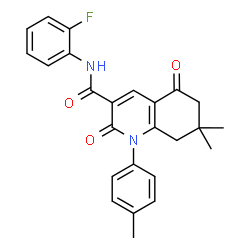 ChemSpider 2D Image | N-(2-Fluorophenyl)-7,7-dimethyl-1-(4-methylphenyl)-2,5-dioxo-1,2,5,6,7,8-hexahydro-3-quinolinecarboxamide | C25H23FN2O3