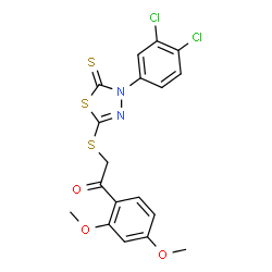 ChemSpider 2D Image | 2-{[4-(3,4-Dichlorophenyl)-5-thioxo-4,5-dihydro-1,3,4-thiadiazol-2-yl]sulfanyl}-1-(2,4-dimethoxyphenyl)ethanone | C18H14Cl2N2O3S3