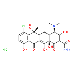 ChemSpider 2D Image | (4R,4aR,6R,12aR)-7-Chloro-4-(dimethylamino)-3,6,10,12,12a-pentahydroxy-6-methyl-1,11-dioxo-1,4,4a,5,5a,6,11,12a-octahydro-2-tetracenecarboxamide hydrochloride (1:1) | C22H24Cl2N2O8