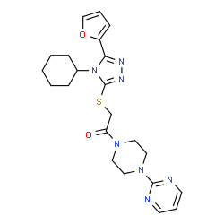 ChemSpider 2D Image | 2-{[4-Cyclohexyl-5-(2-furyl)-4H-1,2,4-triazol-3-yl]sulfanyl}-1-[4-(2-pyrimidinyl)-1-piperazinyl]ethanone | C22H27N7O2S
