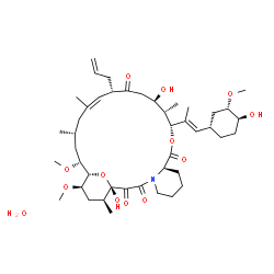 ChemSpider 2D Image | (1S,9R,12R,13S,14R,17S,18Z,21R,23R,24S,25R,27S)-17-Allyl-1,14-dihydroxy-12-{(1E)-1-[(1S,3S,4S)-4-hydroxy-3-methoxycyclohexyl]-1-propen-2-yl}-23,25-dimethoxy-13,19,21,27-tetramethyl-11,28-dioxa-4-azatr
icyclo[22.3.1.0~4,9~]octacos-18-ene-2,3,10,16-tetrone hydrate (1:1) | C44H71NO13