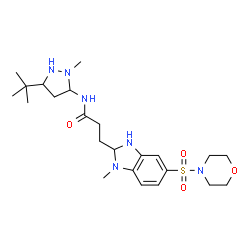 ChemSpider 2D Image | N-[2-Methyl-5-(2-methyl-2-propanyl)-3-pyrazolidinyl]-3-[1-methyl-5-(4-morpholinylsulfonyl)-2,3-dihydro-1H-benzimidazol-2-yl]propanamide | C23H38N6O4S