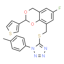 ChemSpider 2D Image | 5-({[6-Fluoro-2-(3-thienyl)-4H-1,3-benzodioxin-8-yl]methyl}sulfanyl)-1-(4-methylphenyl)-1H-tetrazole | C21H17FN4O2S2