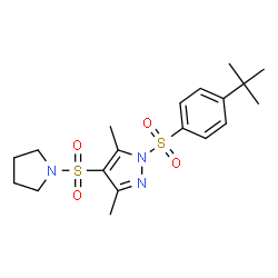 ChemSpider 2D Image | 3,5-Dimethyl-1-{[4-(2-methyl-2-propanyl)phenyl]sulfonyl}-4-(1-pyrrolidinylsulfonyl)-1H-pyrazole | C19H27N3O4S2