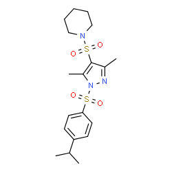 ChemSpider 2D Image | 1-({1-[(4-Isopropylphenyl)sulfonyl]-3,5-dimethyl-1H-pyrazol-4-yl}sulfonyl)piperidine | C19H27N3O4S2