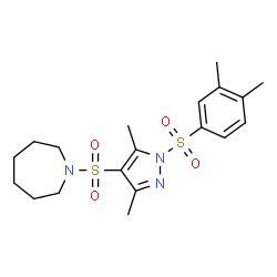 ChemSpider 2D Image | 1-({1-[(3,4-Dimethylphenyl)sulfonyl]-3,5-dimethyl-1H-pyrazol-4-yl}sulfonyl)azepane | C19H27N3O4S2