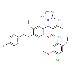 ChemSpider 2D Image | N-(4-Chloro-2,5-dimethoxyphenyl)-7-{4-[(4-fluorobenzyl)oxy]-3-methoxyphenyl}-5-methyl-1,2,3,3a,4,7-hexahydro[1,2,4]triazolo[1,5-a]pyrimidine-6-carboxamide | C29H31ClFN5O5