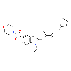 ChemSpider 2D Image | 2-{[1-Ethyl-5-(4-morpholinylsulfonyl)-1H-benzimidazol-2-yl]sulfanyl}-N-(tetrahydro-2-furanylmethyl)propanamide | C21H30N4O5S2