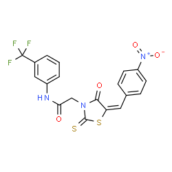 ChemSpider 2D Image | 2-[(5E)-5-(4-Nitrobenzylidene)-4-oxo-2-thioxo-1,3-thiazolidin-3-yl]-N-[3-(trifluoromethyl)phenyl]acetamide | C19H12F3N3O4S2