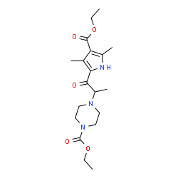ChemSpider 2D Image | Ethyl 4-{1-[4-(ethoxycarbonyl)-3,5-dimethyl-1H-pyrrol-2-yl]-1-oxo-2-propanyl}-1-piperazinecarboxylate | C19H29N3O5