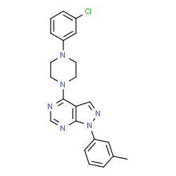 ChemSpider 2D Image | 4-[4-(3-Chlorophenyl)-1-piperazinyl]-1-(3-methylphenyl)-1H-pyrazolo[3,4-d]pyrimidine | C22H21ClN6