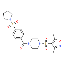 ChemSpider 2D Image | {4-[(3,5-Dimethyl-1,2-oxazol-4-yl)sulfonyl]-1-piperazinyl}[4-(1-pyrrolidinylsulfonyl)phenyl]methanone | C20H26N4O6S2
