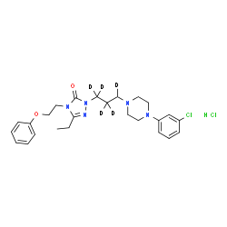 ChemSpider 2D Image | 2-{3-[4-(3-Chlorophenyl)-1-piperazinyl](1,1,2,2,3-~2~H_5_)propyl}-5-ethyl-4-(2-phenoxyethyl)-2,4-dihydro-3H-1,2,4-triazol-3-one hydrochloride (1:1) | C25H28D5Cl2N5O2