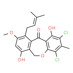 ChemSpider 2D Image | 2,4-Dichloro-1,7-dihydroxy-9-methoxy-3-methyl-10-(3-methyl-2-buten-1-yl)dibenzo[b,e]oxepin-11(6H)-one | C21H20Cl2O5