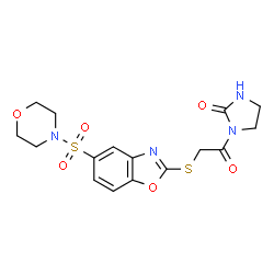 ChemSpider 2D Image | 1-({[5-(4-Morpholinylsulfonyl)-1,3-benzoxazol-2-yl]sulfanyl}acetyl)-2-imidazolidinone | C16H18N4O6S2