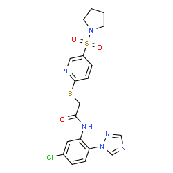 ChemSpider 2D Image | N-[5-Chloro-2-(1H-1,2,4-triazol-1-yl)phenyl]-2-{[5-(1-pyrrolidinylsulfonyl)-2-pyridinyl]sulfanyl}acetamide | C19H19ClN6O3S2