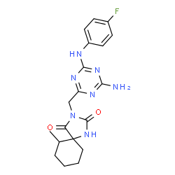 ChemSpider 2D Image | 3-({4-Amino-6-[(4-fluorophenyl)amino]-1,3,5-triazin-2-yl}methyl)-6-methyl-1,3-diazaspiro[4.5]decane-2,4-dione | C19H22FN7O2