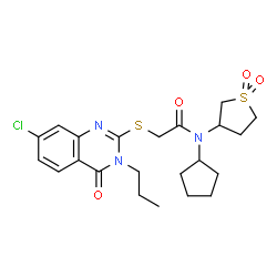 ChemSpider 2D Image | 2-[(7-Chloro-4-oxo-3-propyl-3,4-dihydro-2-quinazolinyl)sulfanyl]-N-cyclopentyl-N-(1,1-dioxidotetrahydro-3-thiophenyl)acetamide | C22H28ClN3O4S2