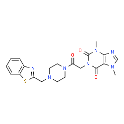 ChemSpider 2D Image | 1-{2-[4-(1,3-Benzothiazol-2-ylmethyl)-1-piperazinyl]-2-oxoethyl}-3,7-dimethyl-3,7-dihydro-1H-purine-2,6-dione | C21H23N7O3S