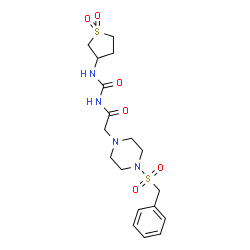 ChemSpider 2D Image | 2-[4-(Benzylsulfonyl)-1-piperazinyl]-N-[(1,1-dioxidotetrahydro-3-thiophenyl)carbamoyl]acetamide | C18H26N4O6S2