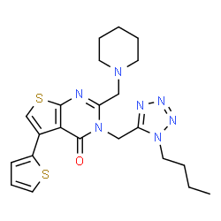 ChemSpider 2D Image | 3-[(1-Butyl-1H-tetrazol-5-yl)methyl]-2-(1-piperidinylmethyl)-5-(2-thienyl)thieno[2,3-d]pyrimidin-4(3H)-one | C22H27N7OS2