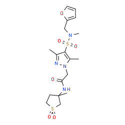ChemSpider 2D Image | 2-{4-[(2-Furylmethyl)(methyl)sulfamoyl]-3,5-dimethyl-1H-pyrazol-1-yl}-N-(3-methyl-1,1-dioxidotetrahydro-3-thiophenyl)acetamide | C18H26N4O6S2