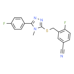 ChemSpider 2D Image | 4-Fluoro-3-({[5-(4-fluorophenyl)-4-methyl-4H-1,2,4-triazol-3-yl]sulfanyl}methyl)benzonitrile | C17H12F2N4S