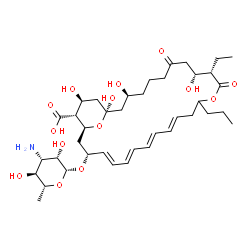 ChemSpider 2D Image | (1R,3S,9R,10S,15E,17E,19E,21E,23R,25S,26R,27S)-23-[(3-Amino-3,6-dideoxy-beta-D-mannopyranosyl)oxy]-10-ethyl-1,3,9,27-tetrahydroxy-7,11-dioxo-13-propyl-12,29-dioxabicyclo[23.3.1]nonacosa-15,17,19,21-te
traene-26-carboxylic acid | C39H61NO14