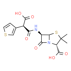 ChemSpider 2D Image | (2S,6R)-6-{[(2R)-2-Carboxy-2-(3-thienyl)acetyl]amino}-3,3-dimethyl-7-oxo-4-thia-1-azabicyclo[3.2.0]heptane-2-carboxylic acid | C15H16N2O6S2