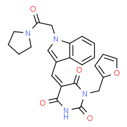 ChemSpider 2D Image | (5Z)-1-(2-Furylmethyl)-5-({1-[2-oxo-2-(1-pyrrolidinyl)ethyl]-1H-indol-3-yl}methylene)-2,4,6(1H,3H,5H)-pyrimidinetrione | C24H22N4O5