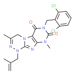 ChemSpider 2D Image | 7-(2,6-Dichlorobenzyl)-3,9-dimethyl-1-(2-methyl-2-propen-1-yl)-1,4-dihydro[1,2,4]triazino[3,4-f]purine-6,8(7H,9H)-dione | C20H20Cl2N6O2