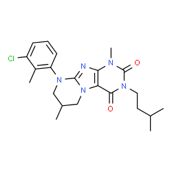 ChemSpider 2D Image | 9-(3-Chloro-2-methylphenyl)-1,7-dimethyl-3-(3-methylbutyl)-6,7,8,9-tetrahydropyrimido[2,1-f]purine-2,4(1H,3H)-dione | C22H28ClN5O2
