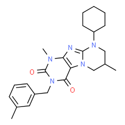 ChemSpider 2D Image | 9-Cyclohexyl-1,7-dimethyl-3-(3-methylbenzyl)-6,7,8,9-tetrahydropyrimido[2,1-f]purine-2,4(1H,3H)-dione | C24H31N5O2