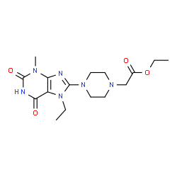 ChemSpider 2D Image | Ethyl [4-(7-ethyl-3-methyl-2,6-dioxo-2,3,6,7-tetrahydro-1H-purin-8-yl)-1-piperazinyl]acetate | C16H24N6O4